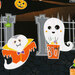 close-up scan of fabric panel featuring two trick-or-treating ghosts, one holding a bucket with candy in it and the other dressed as a vampire