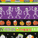 close-up scan of fabric with horizontal stripes of purple, green, and black, decorated with jack-o-lanterns, words, and skeletons