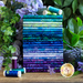 Photograph of all the fabrics included in the Tranquil Garden bundle, staged among lush green foliage, blue hydrangeas, and coordinating spools of thread.