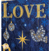 Christmas Joy Quilt Kit featuring the words Love, and ornaments on blue and gold fabric.