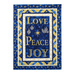 Christmas Joy Quilt Kit featuring the words Love, Peace, and Joy on blue and gold fabric.