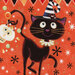 A close up of the fabric panel showing a black cat wearing a witches hat with a jack-o-lantern bucket of candy