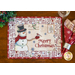 A festive table placemat featuring a snowman, Christmas postcard design, and holiday words.