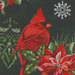 Close-up of Holiday Greetings panel fabric featuring a cardinal, snowflake, and poinsettia