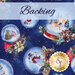 Fabric of snow globes with filled with snowmen, deer, Christmas trees, and homes on a dark blue background