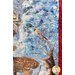 Close up of panel depicting a snowy scene of a bird, two rabbits, and a small deer.