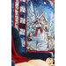 Panel quilt of a winter scene including a snowy cabin, a snowman, and a small deer.