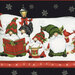 close up image of gnome christmas-themed border stripe fabric