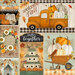 A patchwork fabric featuring vintage trucks, pumpkins, bird houses, birds, and autumn wreathes