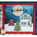 A Christmas scene of Santa flying over a house and Christmas tree in front of the moon.