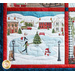 A winter scene of people ice skating in a town center.