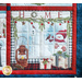 A Christmas scene of a window filled with gifts next to a lantern, looking out into a snowy landscape with a snowman.
