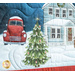 A Christmas scene of Santa flying over a house and Christmas tree in front of the moon.