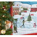 A winter scene of people ice skating in a town center.