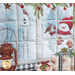 A Christmas scene of a window filled with gifts next to a lantern, looking out into a snowy landscape with a snowman.
