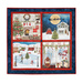 Wall hanging with 4 different winter and Christmas scenes including a fireplace, ice skating, Santa flying over a house, and a gift filled window.