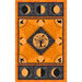 A black and orange quilt panel fabric with moon phases, black cats, ravens, and a bare tree