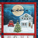 A quilted scene featuring Santa in a sleigh, a snowy house, a Christmas tree, and a vintage red truck.