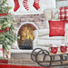 A cozy holiday scene with a Christmas tree, stockings, a fireplace, a white chair, and festive mugs.