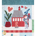 Quilt block featuring a red house near hearts, a rabbit, and a bird.