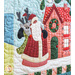 Quilt block featuring a pink house next to Santa and a reindeer.