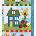 Quilt block featuring a teal house next to a beehive and strawberry plant.