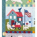 Quilt block featuring a teal house next to United States flag and a white dog crouching near a wagon of fireworks.