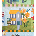 Quilt block featuring a gray house with yellow roof next to birds and dasies.