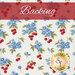 A swatch of white fabric with clusters of blue flowers and red cherries with green leaves. A red banner at the top reads 