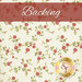 A swatch of cream fabric with vining pink roses with yellow flower accents. A rust red banner at the top reads 