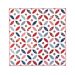 A red, white and blue quilt made up of angular oval shapes and small diamonds to look like overlapping circles isolated on a white background