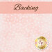 Pale pink mottled flannel fabric with white dots all over with a pink banner and the word 