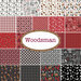 collage of all fabrics included in Woodsman collection, in warm red, black, and cream