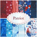 Compilation of fabrics in the patriot collection by northcott fabrics, ranging from dark blue to red to white