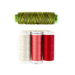 A 4 piece thread set with green, red, pink, and cream threads on a white background
