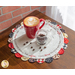 An image of a Scalloped Table Topper in Coffee Always with a latte and coffee beans.