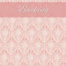 fabric featuring cream roses framed by cream victorian scrolls repeating on a light pink background with a pink banner at the top that reads 
