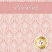 A swatch of light pink fabric featuring cream roses framed by repeating cream victorian scrolls. A pink banner at the top reads 