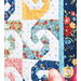 close up of a few blocks from the mini quilt featuring a swirl with opposing curved shapes from each corner in white and differently colored patterned fabrics along a blue floral border
