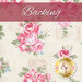 A swatch of tonal cream fabric with bouquets of pink roses and postage, floral, and birdcage motifs. A muted dark pink banner at the top reads 
