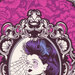 close up image of bright pink and purple floral damask inspired fabric with portraits of modern witch-themed women in ornate frames.
