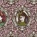 close-up of soft pink floral damask-inspired fabric with portraits of modern witch-themed women in ornate frames.