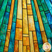 Close up image of the sunray piecing in the Peaceful Window quilt, consisting of yellow, aqua, and blue blocks that create an image of sunrays in a stained glass window