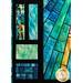 Close up image of the peaceful window quilt, made of blocks to create a stained glass window look in aqua, blue, and yellow, each piece bordered by black stripes
