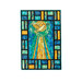 Flat image of the peaceful window quilt, a pieced quilt made of blue, yellow and aqua stained-glass looking fabric with a yellow dove and sunrays in the middle, set on a white background