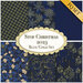 A collage of navy blue and gold Christmas fabrics included in the Frosty Snowflake FQ Set