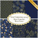 A collage of navy blue and gold Christmas fabrics included in the Frosty Snowflake FQ Set