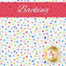 A swatch of white fabric with small colorful confetti pieces all over. A red banner at the top reads 