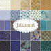 collage of all fabrics included in Jaikumari collection, in rich shades of cream, gold, blue, and teal