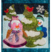 Quilted block depicting two snowmen in winter clothes playing hide-and-seek behind an evergreen tree with red cardinals perched in them